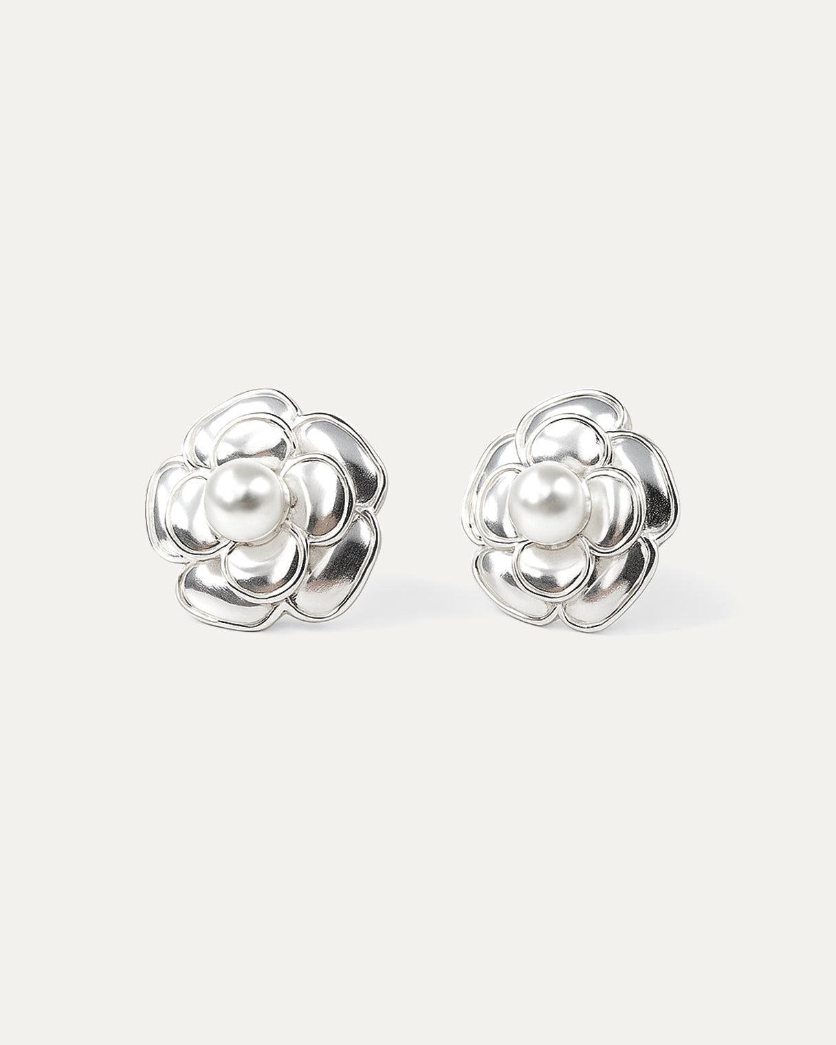 Silver floral stud earrings with faux pearl center – Pearl Bloom Studs.