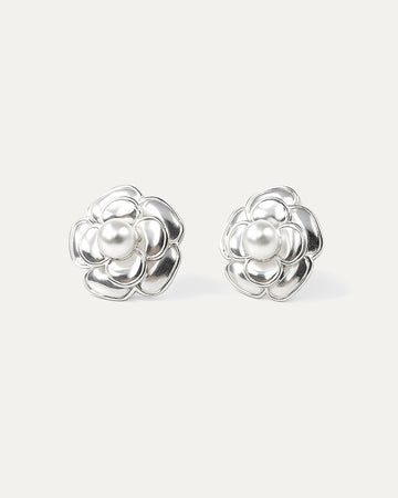 Silver floral stud earrings with faux pearl center – Pearl Bloom Studs.