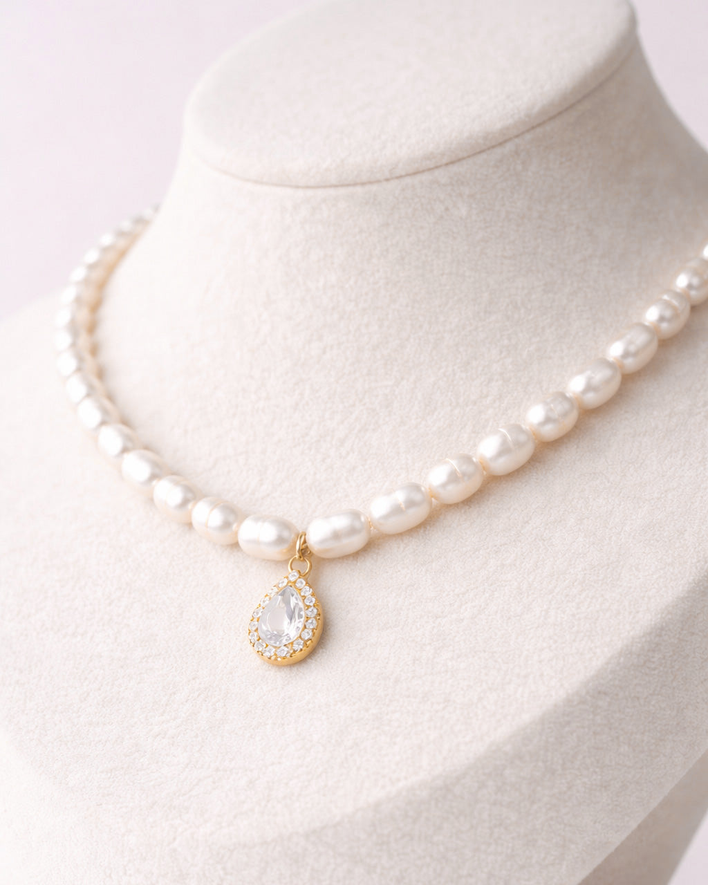 Freshwater pearl necklace with crystal teardrop pendant, 18k gold plated jewelry