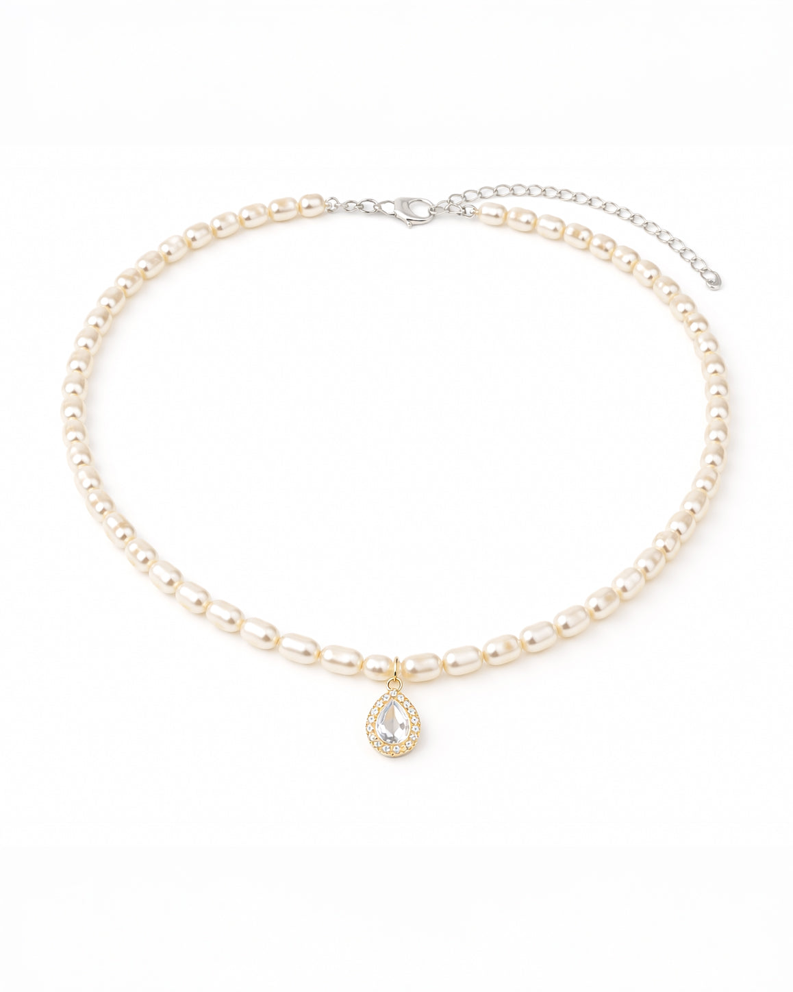 Freshwater pearl necklace with crystal teardrop pendant, 18k gold plated jewelry