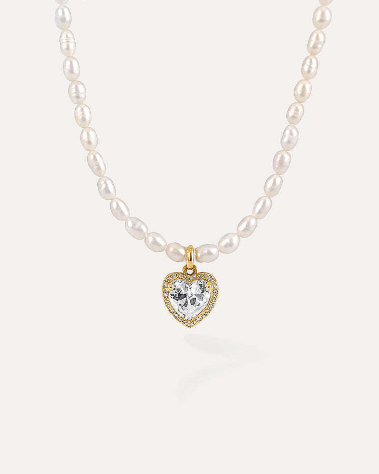 Diamond Heart Pendant Pearl Necklace Jadejuri