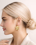 18K gold-plated petal drop earrings on model, sculptural floral statement earrings with polished finish