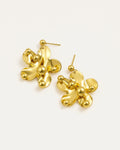 Gold floral earrings on a white background