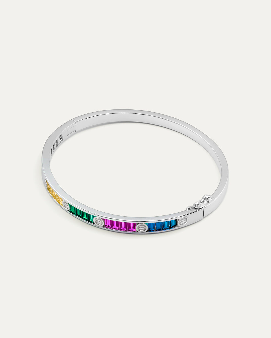 Silver bracelet with colorful stones on a white background