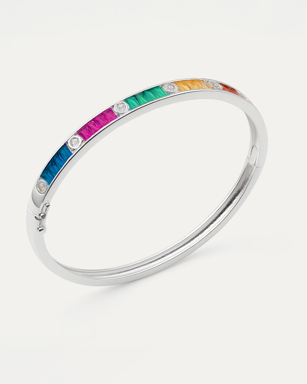 Silver bracelet with colorful gemstones on a white background