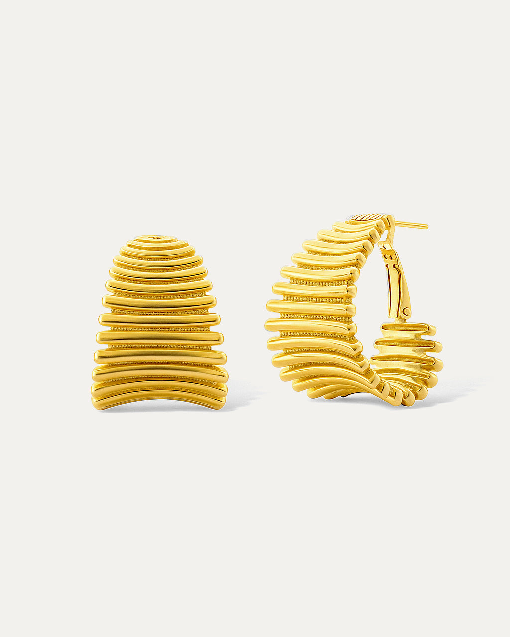 Bold gold hoop earrings with ribbed sculptural texture – Ribbed Radiance Hoops by Jadejuri