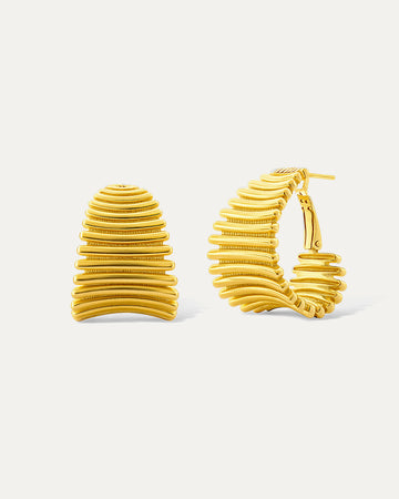 Bold gold hoop earrings with ribbed sculptural texture – Ribbed Radiance Hoops by Jadejuri