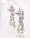 Rose fleur pearl drop earrings back view with pink cubic zirconia silver plated