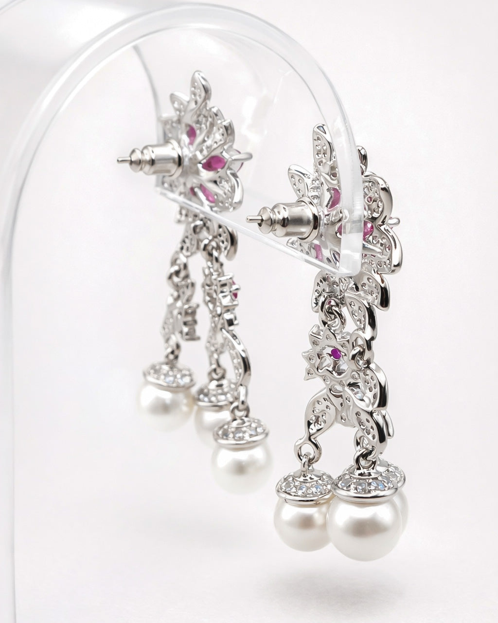 Rose fleur pearl drop earrings back view with pink cubic zirconia silver plated