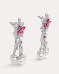 Rose fleur pearl drop earrings with pink cubic zirconia silver plated angled view