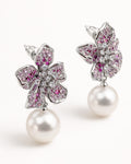 Rose flora pearl drop earrings with pink zircon silver plated angled view chic
