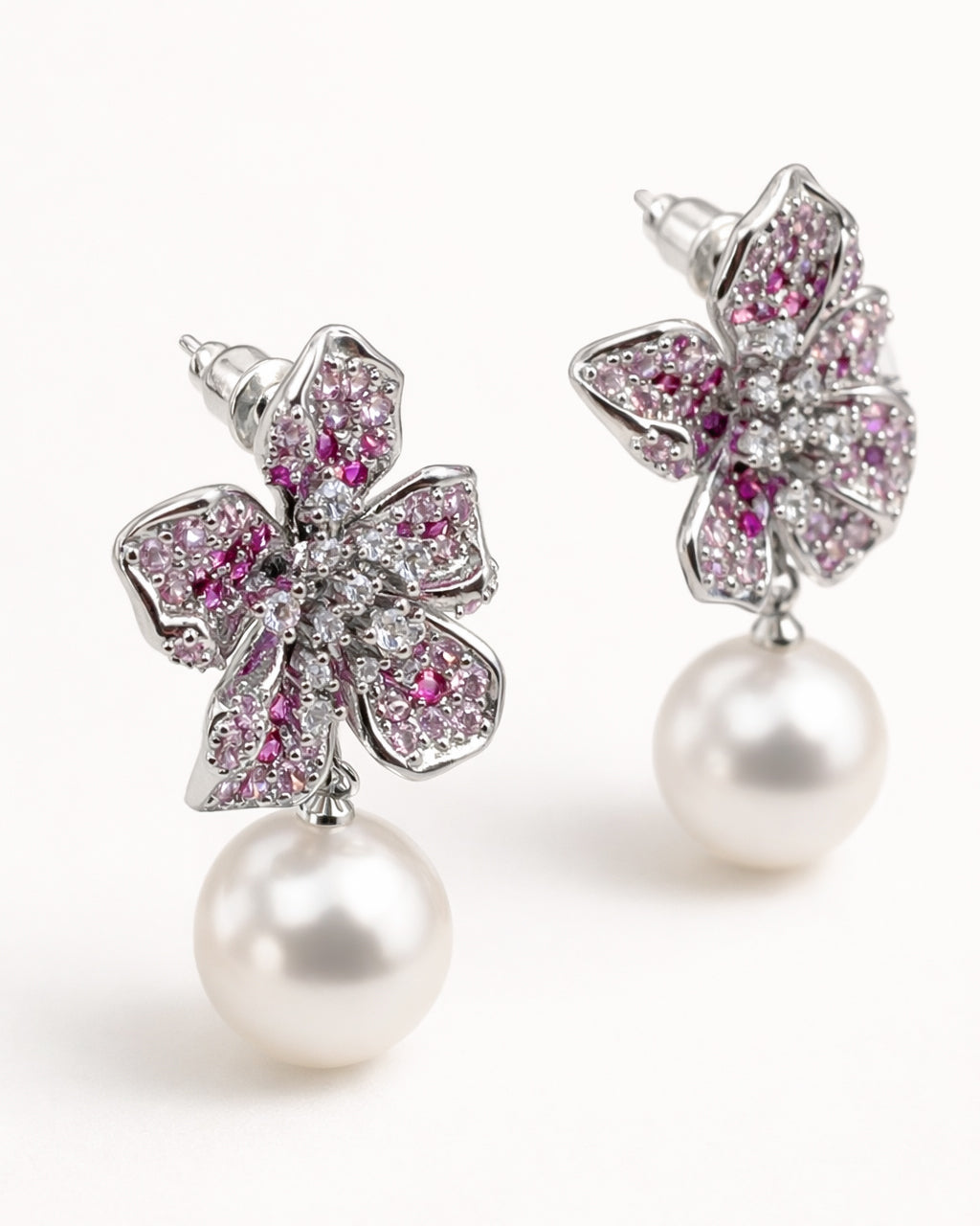 Rose flora pearl drop earrings with pink zircon silver plated angled view chic