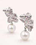 Rose flora pearl drop earrings back view with pink zircon silver plated elegant