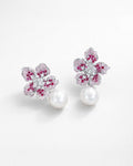 Rose flora pearl drop earrings with pink zircon silver plated front view chic