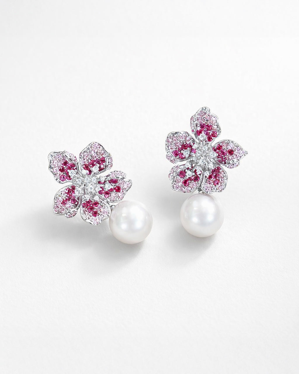 Rose flora pearl drop earrings with pink zircon silver plated front view chic