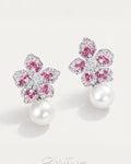 Rose flora pearl drop earrings with pink zircon silver plated top flatlay