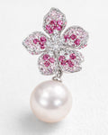 Rose flora pearl drop earrings with pink zircon silver plated close-up