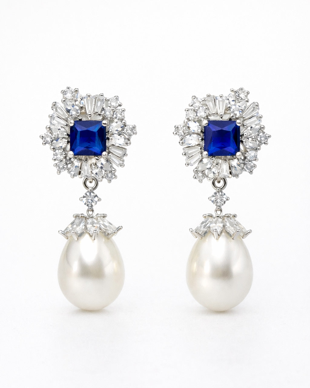 Royal azure halo pearl drop earrings silver plated brass cubic zirconia front view