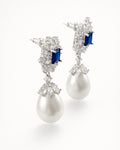 Royal azure halo pearl drop earrings silver plated brass cubic zirconia side view