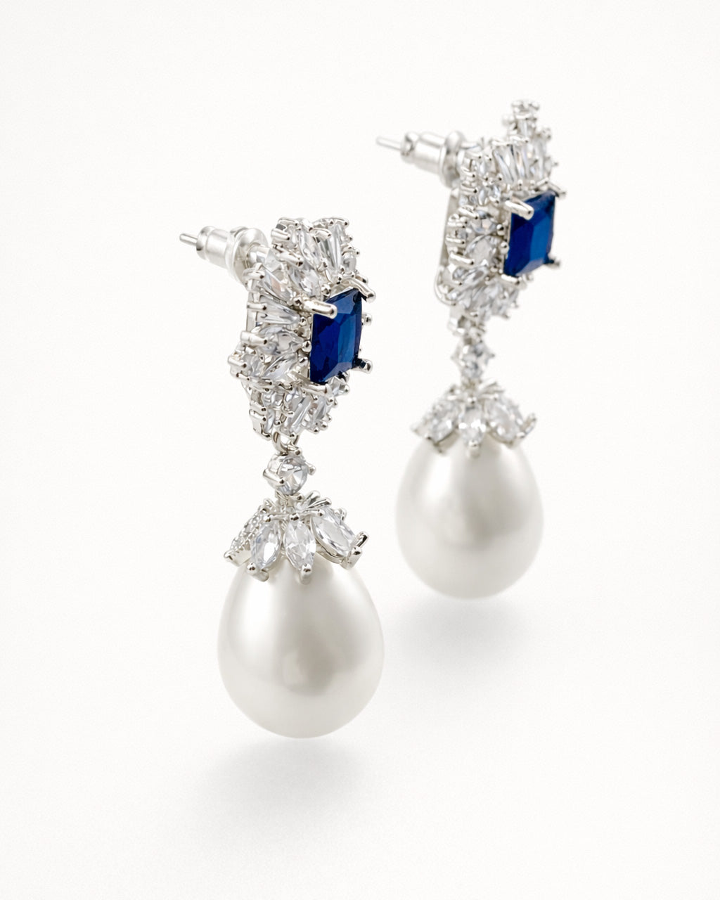 Royal azure halo pearl drop earrings silver plated brass cubic zirconia side view