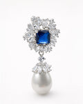 Royal azure halo pearl drop earring with blue cubic zirconia silver plated
