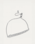 A silver-toned slider bracelet with a delicate chain and a geometric centerpiece. The adjustable bracelet features a row of s