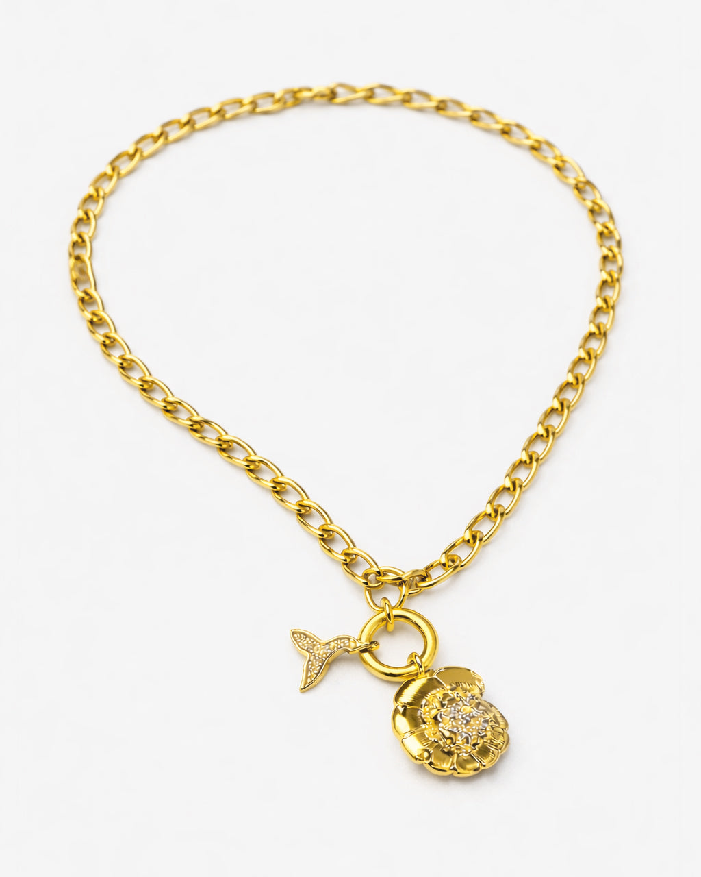 18k gold-plated charm necklace with flower & mermaid tail pendant | Jadejuri