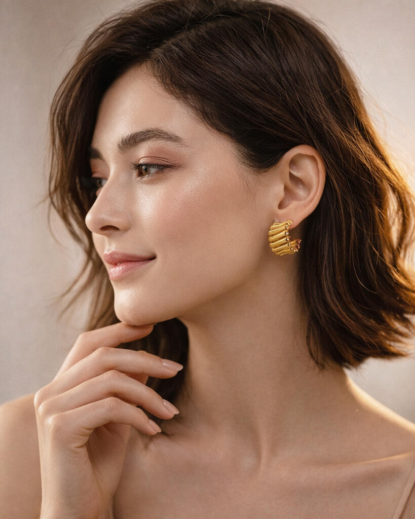 Model wearing 18K gold-plated ribbed hoop earrings minimalist women jewelry