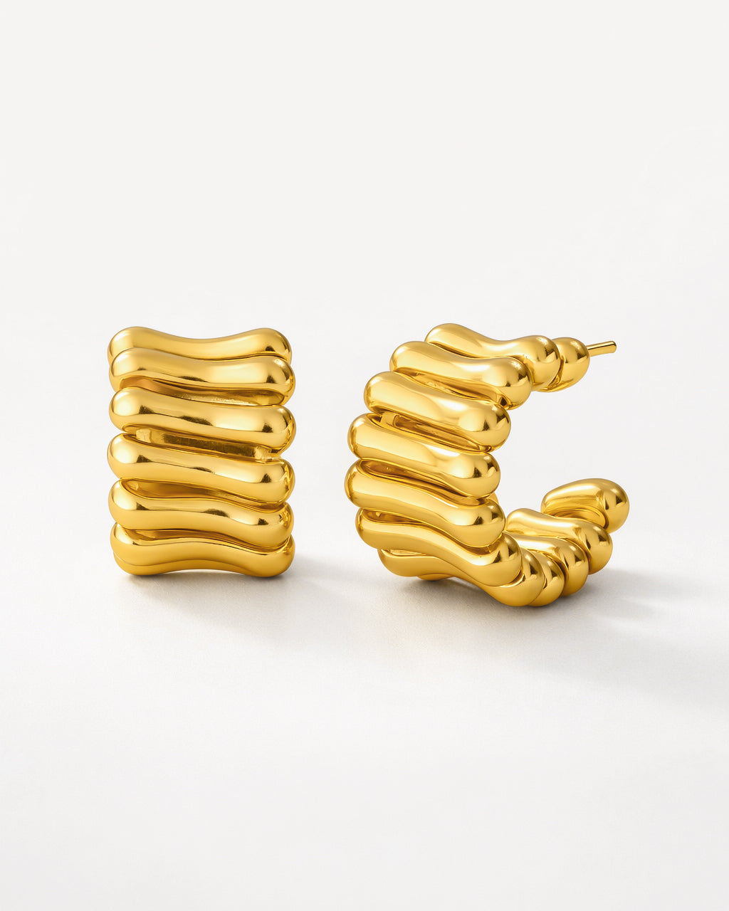 18K gold-plated ribbed hoop earrings sculptural minimalist women jewelry style