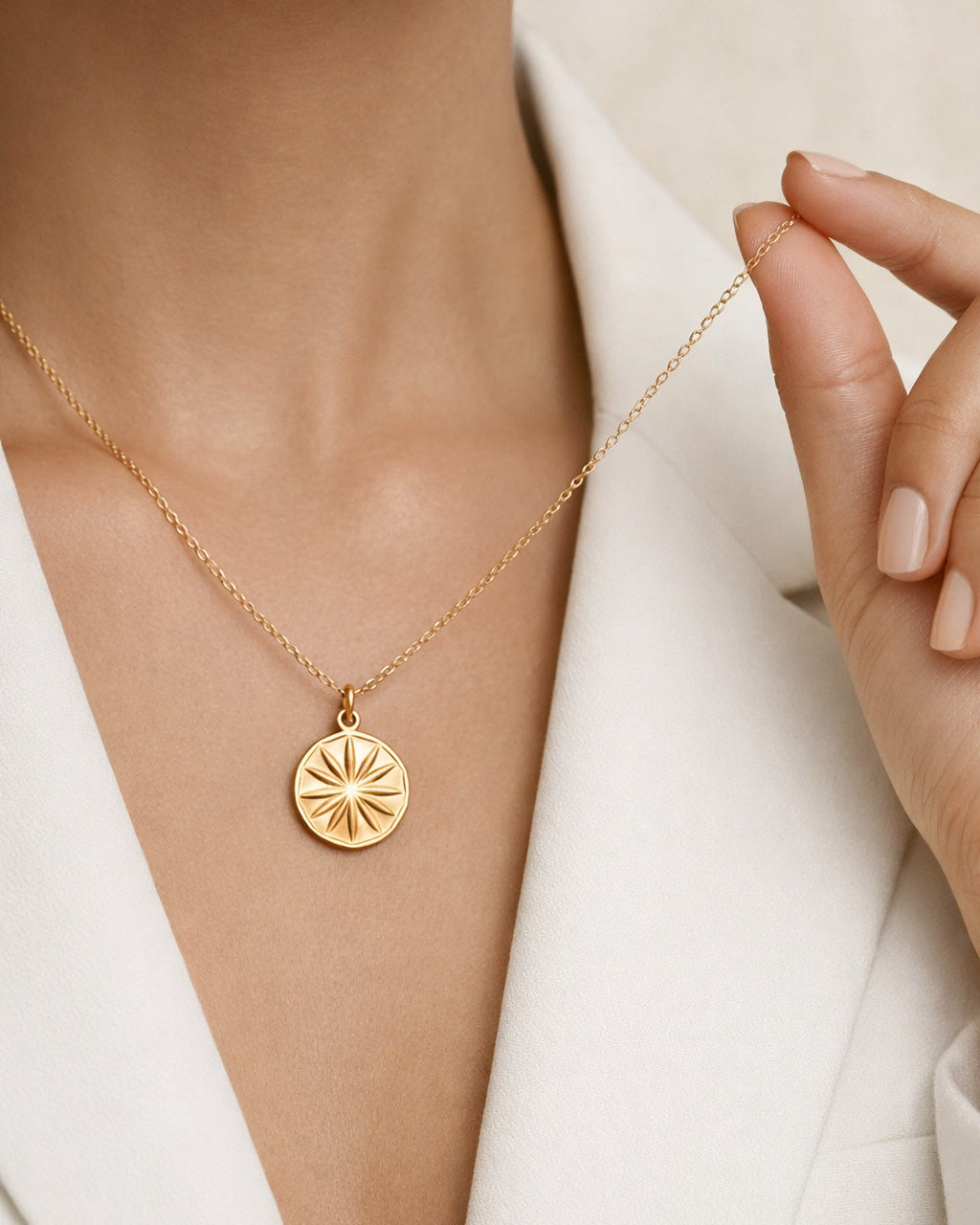 18K gold-plated star coin pendant necklace on model, minimalist jewelry style look