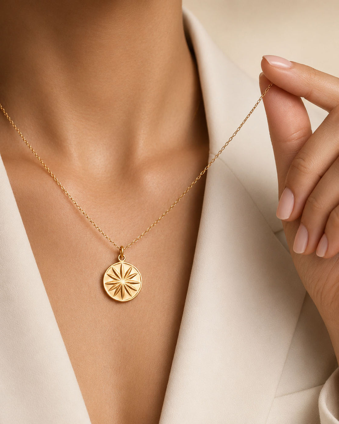 Gold necklace with a round pendant worn by a person, against a neutral background