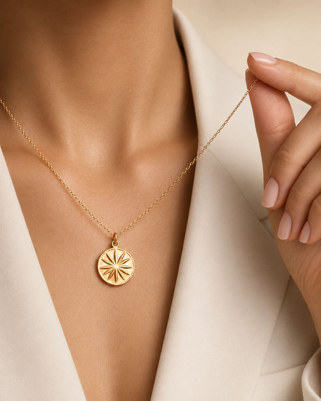 Gold necklace with a round pendant worn by a person, against a neutral background
