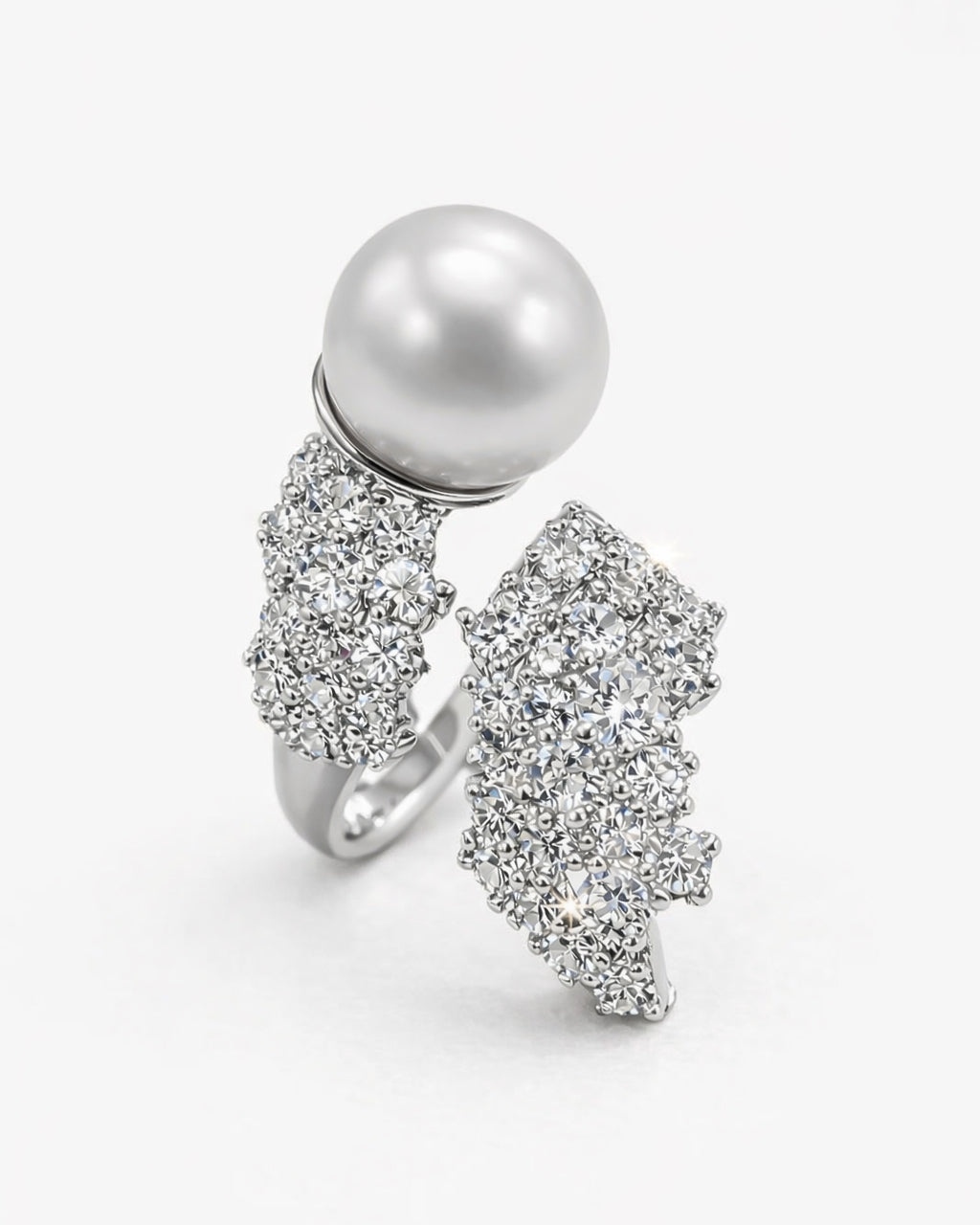 Silver pearl and cubic zirconia open ring, silver-plated brass