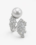 Silver pearl and cubic zirconia open ring, silver-plated brass
