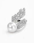 Silver pearl open ring with cubic zirconia, silver-plated brass band