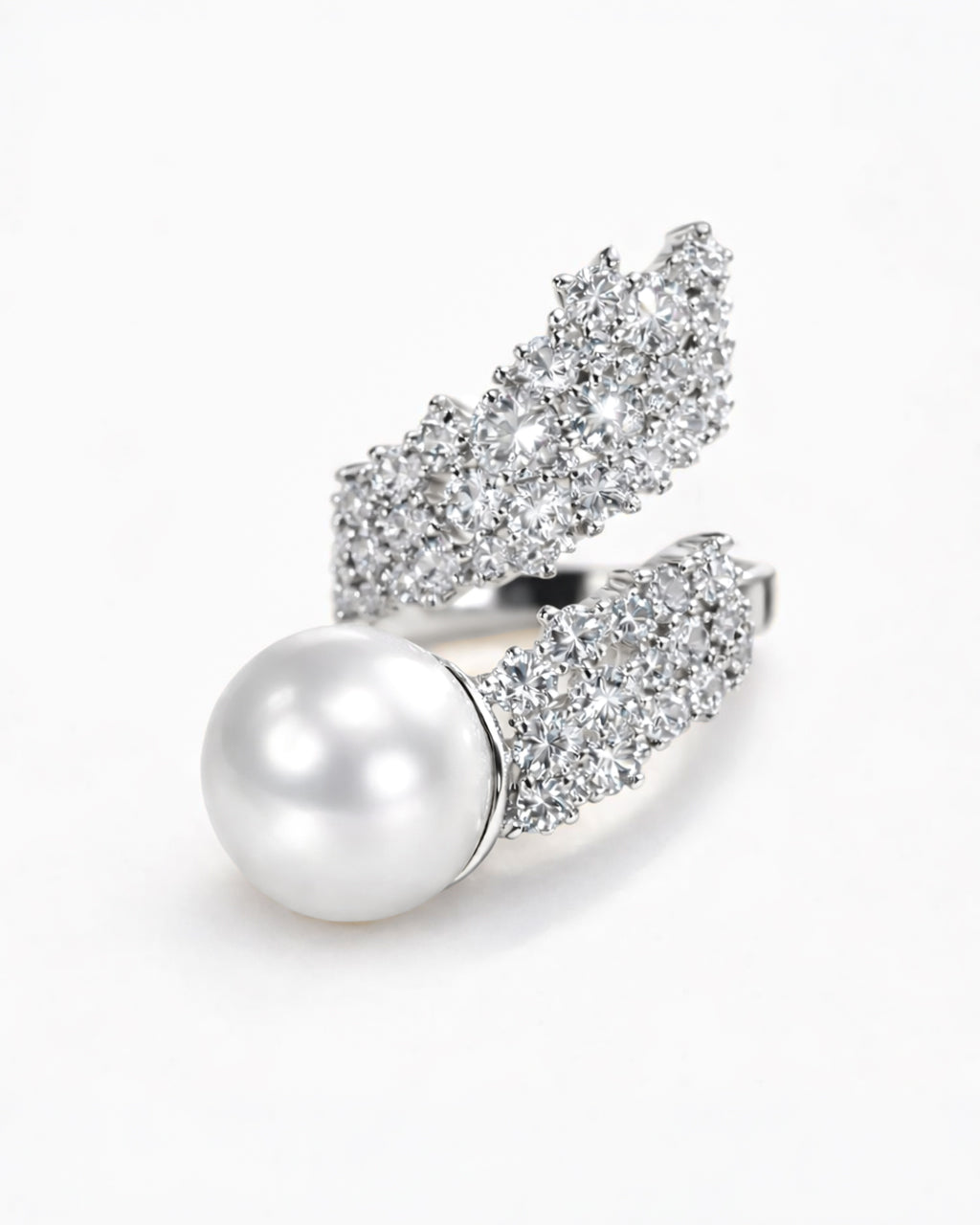 Silver pearl open ring with cubic zirconia, silver-plated brass band