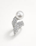Silver pearl open ring with cubic zirconia, silver-plated brass