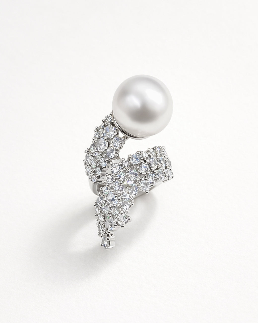 Silver pearl open ring with cubic zirconia, silver-plated brass
