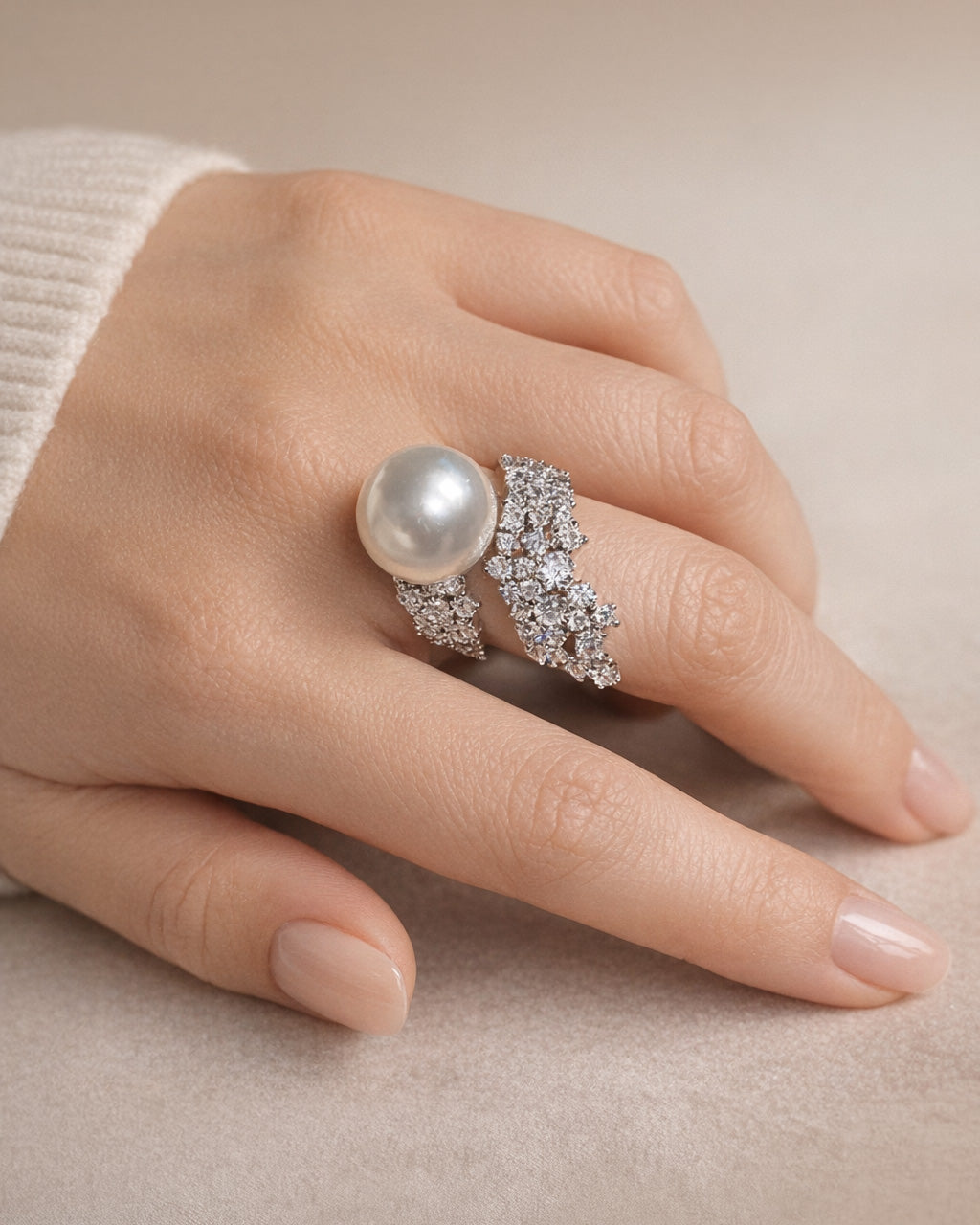 Silver pearl and cubic zirconia open ring, silver-plated brass