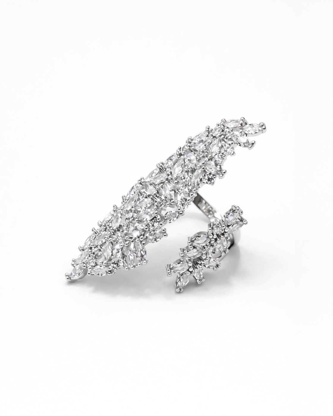 Marquise CZ silver plated adjustable ring with cascading stones, angled front view