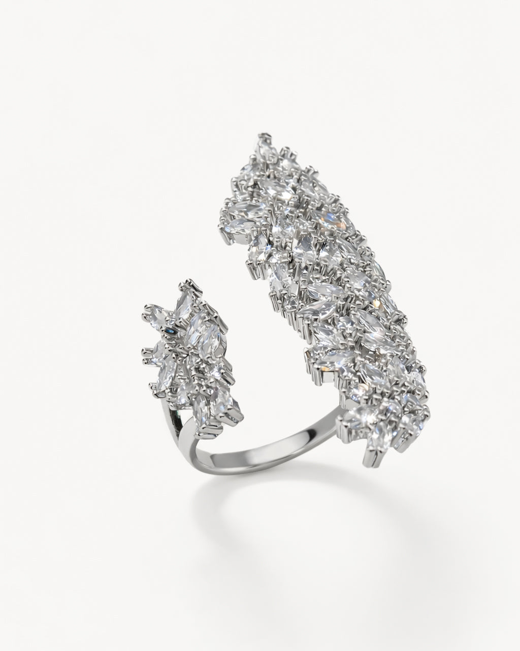 Marquise CZ silver plated adjustable ring with cascading stones, left front view