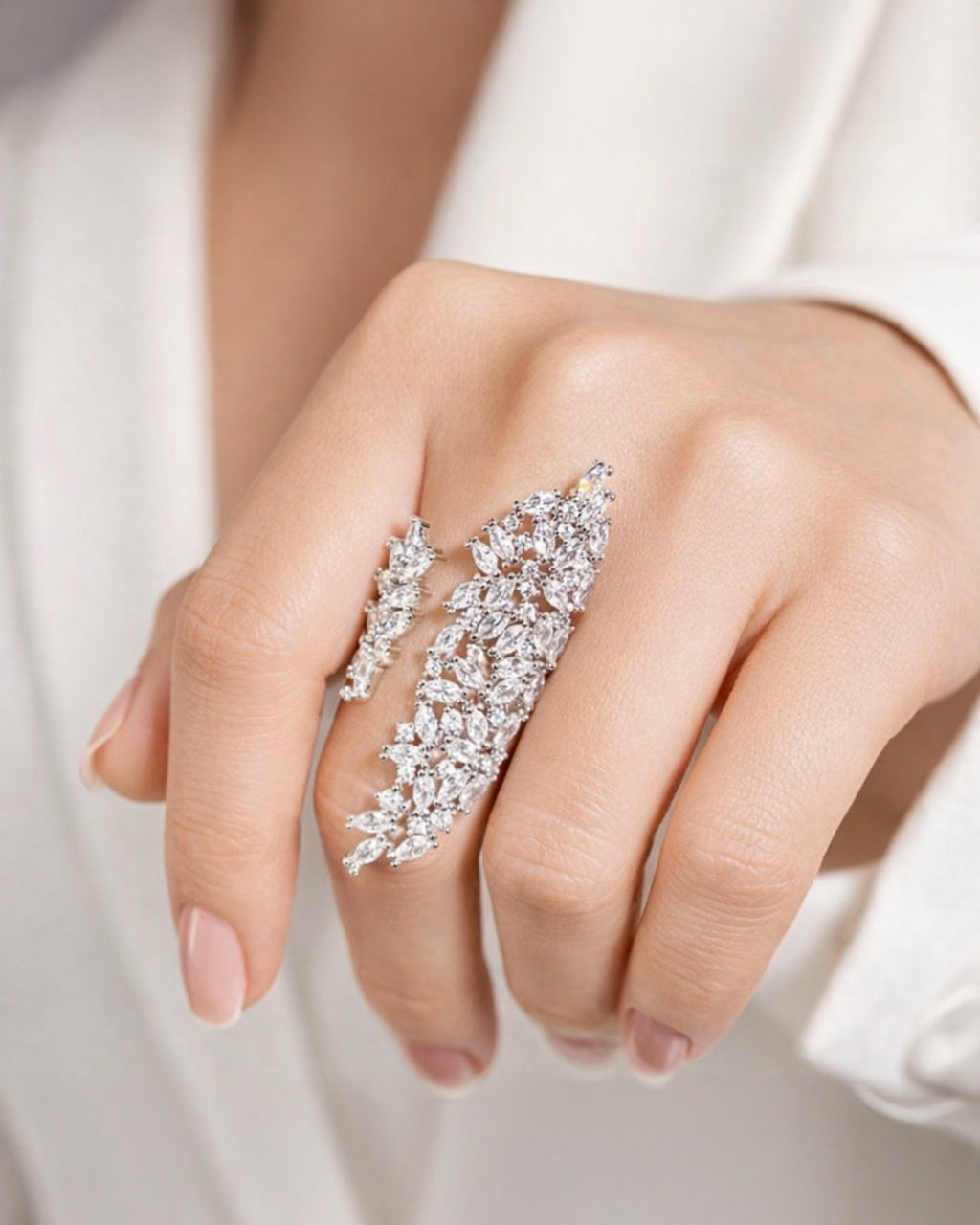 Marquise CZ silver plated ring with clustered stones, statement design top view detail