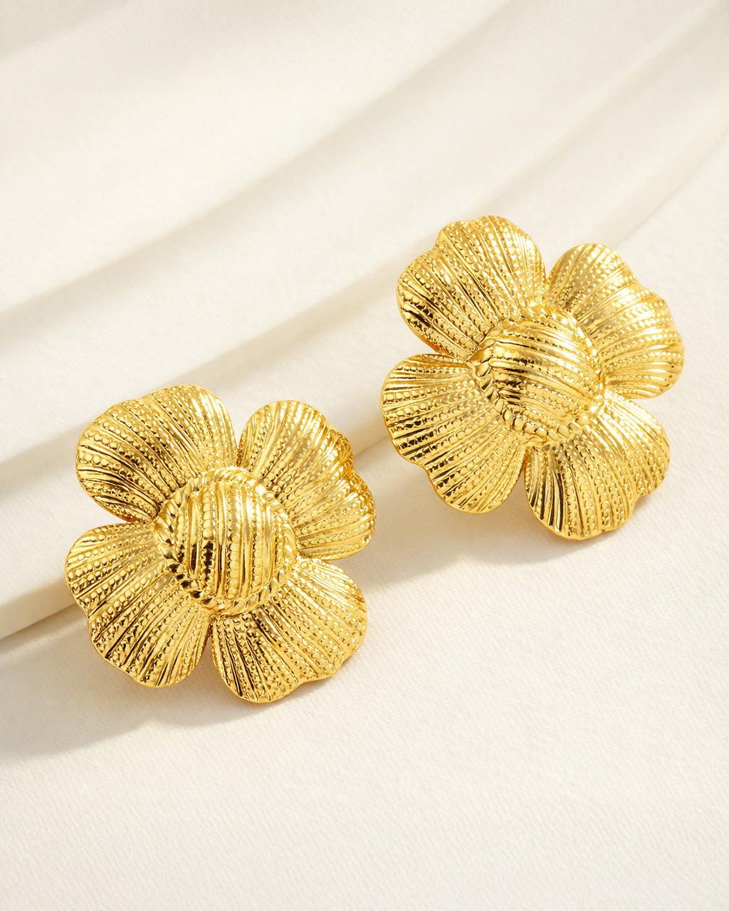 18K gold-plated floral stud earrings, textured petals, minimalist jewelry design