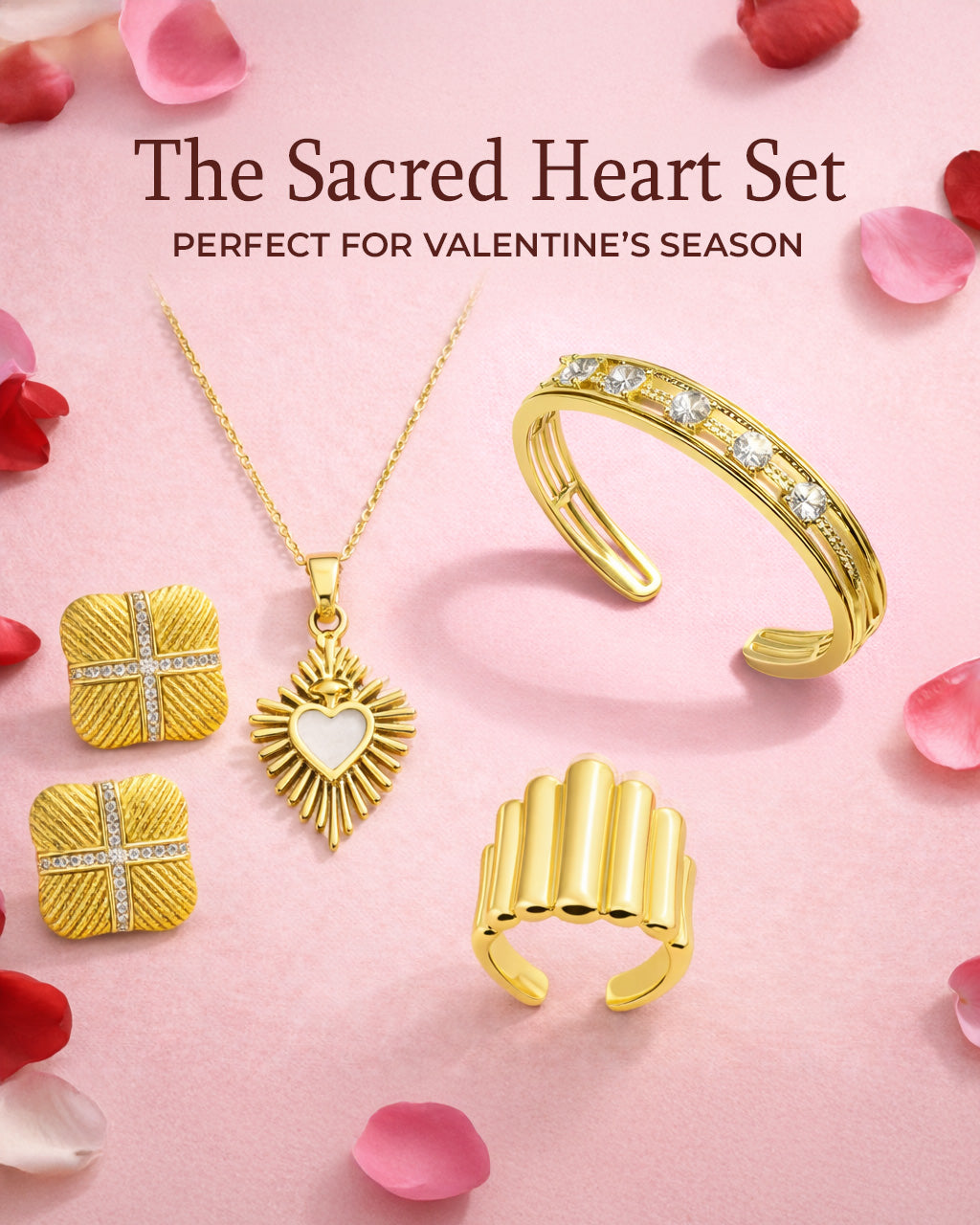 Gold jewelry set including necklace, earrings, and ring on a pink background with heart-shaped text.