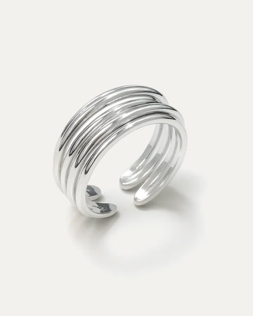 Silver multi-band ring on a white background