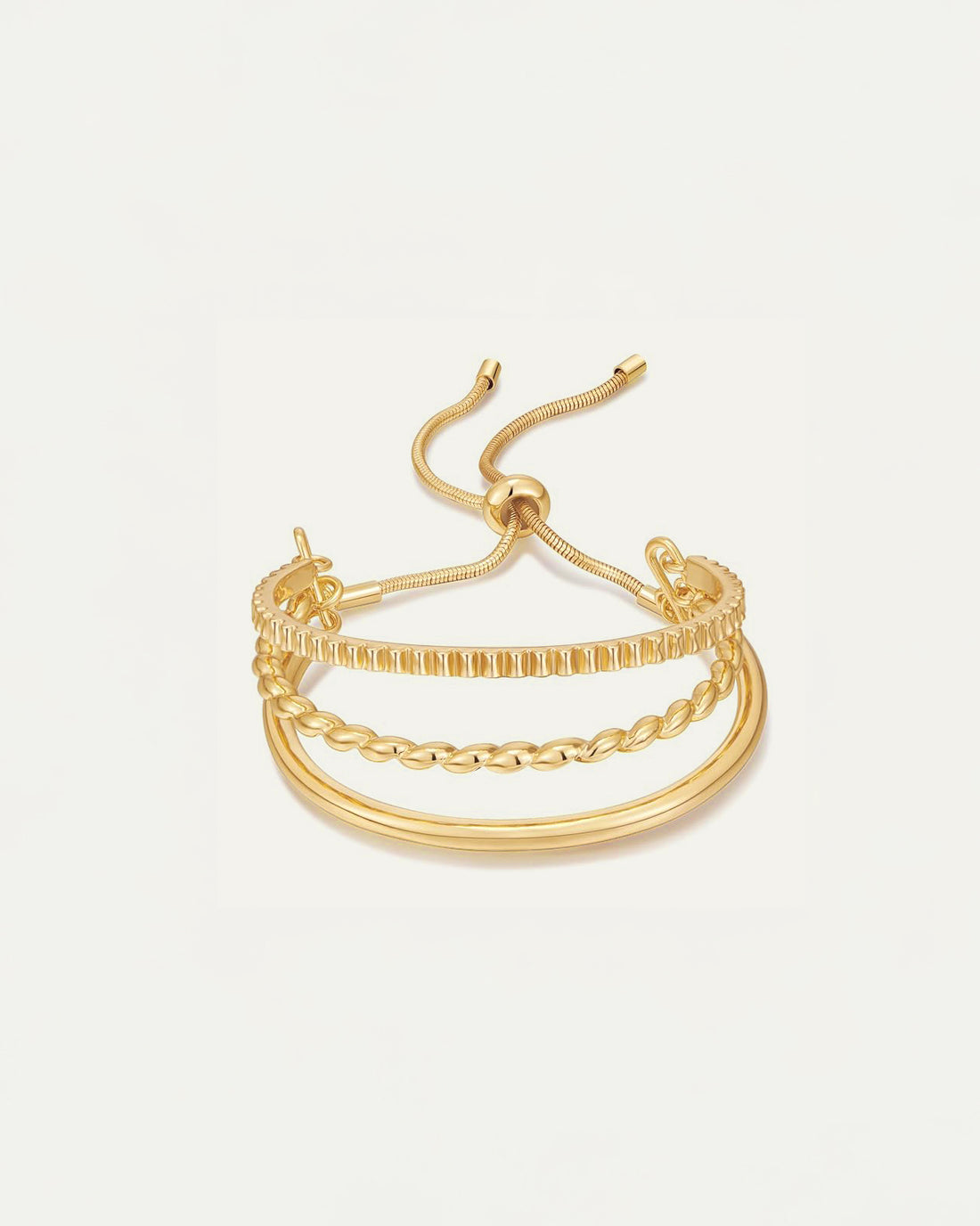 Adjustable gold bracelet with three layered textured bands – Jadejuri