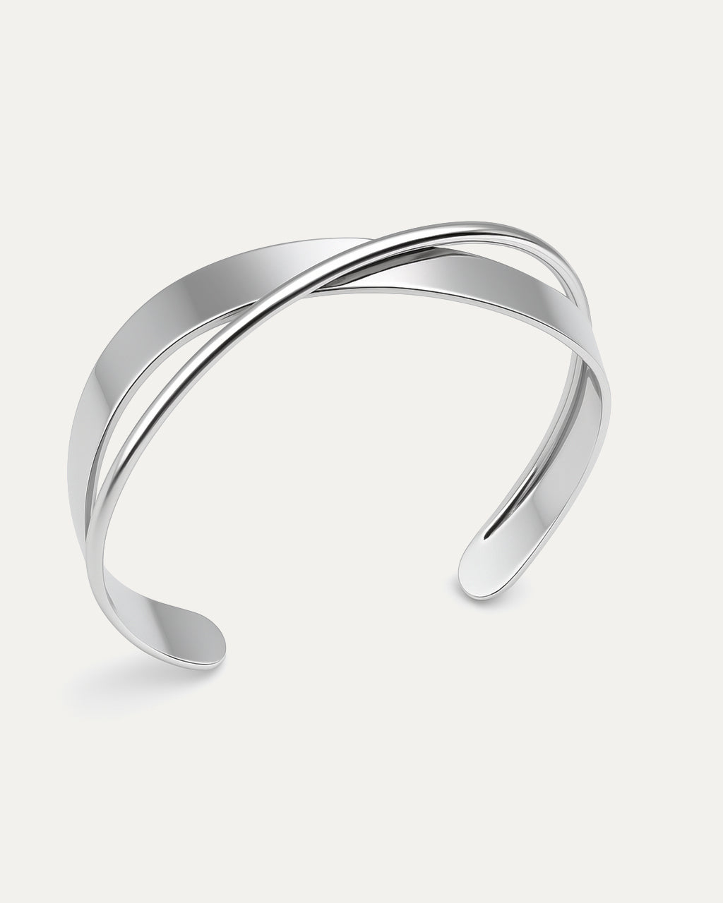 silver statement ring with layered stripe design and open adjustable back on white background