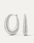 Silver-plated twisted oval spring hoop earrings with coiled texture