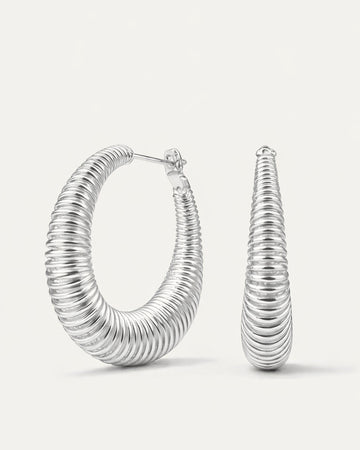 Silver-plated twisted oval spring hoop earrings with coiled texture