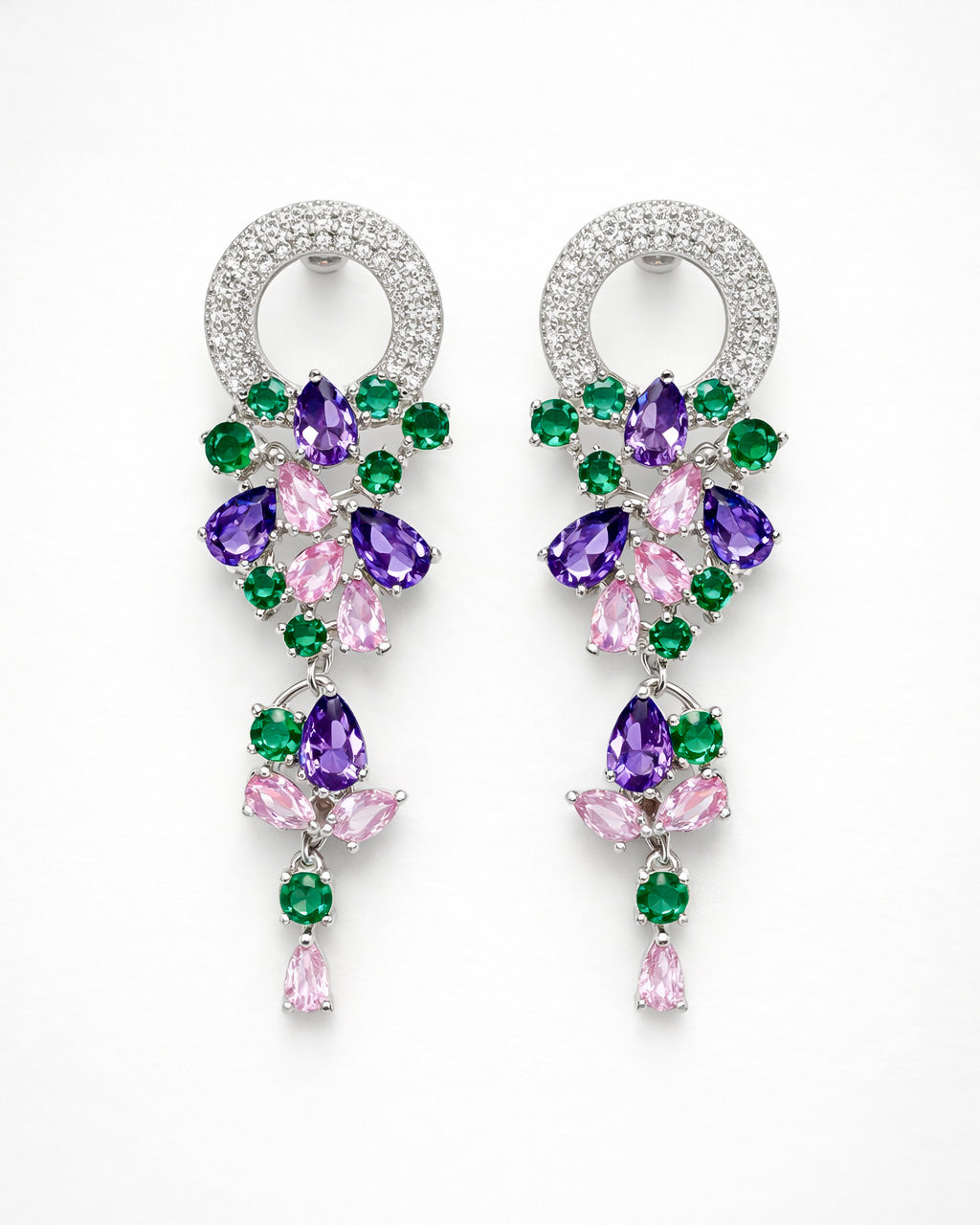 Multicolor zircon drop earrings with floral design, crystal halo and elegant dangle style